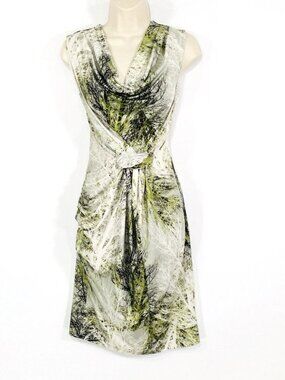Komarov Cowl Neck Dress Sz S Ruched Abstract Print CrissCross Forest FairyWhimsy